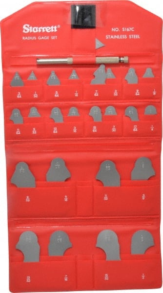 Starrett - 25 Piece, 1/64 to 1/2 Inch Radius, Stainless Steel Radius Gage Set - Satin Chrome Coated - Exact Tooling