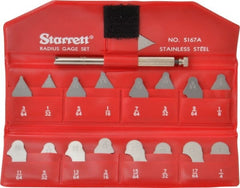 Starrett - 17 Piece, 1/64 to 17/64 Inch Radius, Stainless Steel Radius Gage Set - Satin Chrome Coated - Exact Tooling