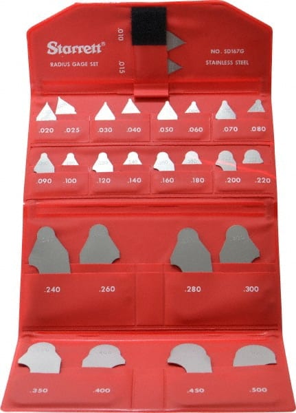 Starrett - 26 Piece, 0.01 to 0.1 Inch Radius, Stainless Steel Radius Gage Set - Satin Chrome Coated - Exact Tooling
