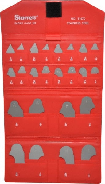 Starrett - 24 Piece, 1/32 to 1/2 Inch Radius, Stainless Steel Radius Gage Set - Satin Chrome Coated - Exact Tooling