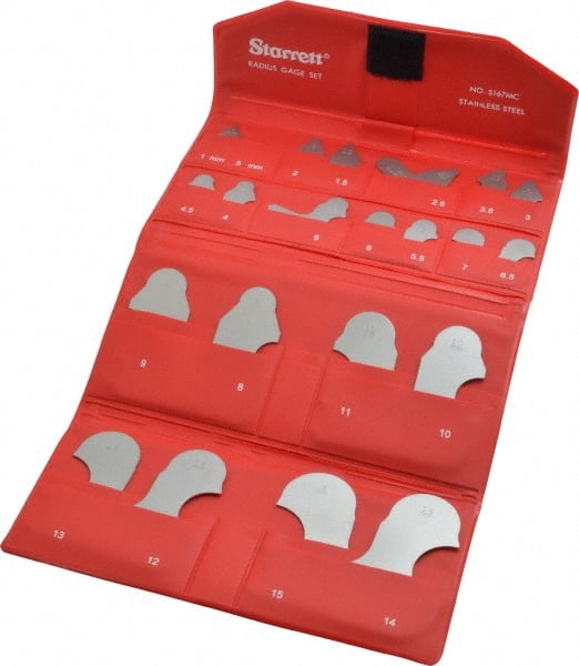 Starrett - 21 Piece, 1 to 15 mm Radius, Stainless Steel Radius Gage Set - Satin Chrome Coated - Exact Tooling