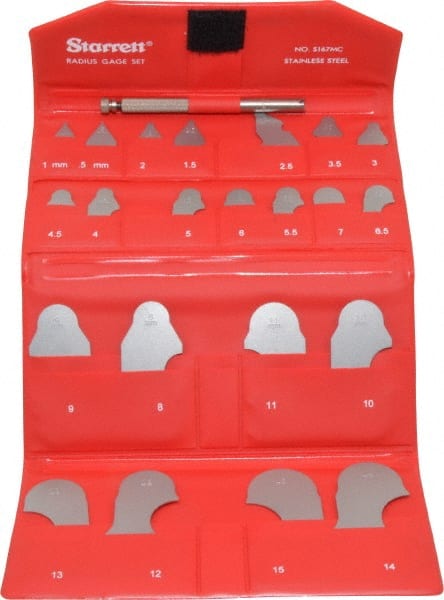 Starrett - 22 Piece, 0.5 to 15 mm Radius, Stainless Steel Radius Gage Set - Satin Chrome Coated - Exact Tooling