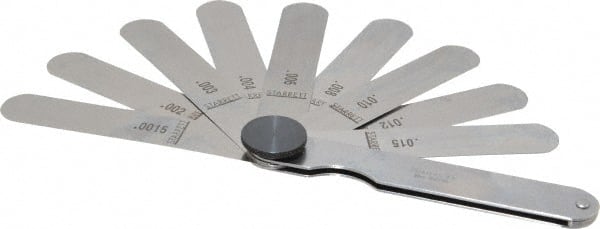 Starrett - 9 Piece, 0.0015 to 0.015" Thick, Parallel Feeler Gage Set - 3-1/32" Leaf Length, 1/2" Wide, Tempered Steel - Exact Tooling