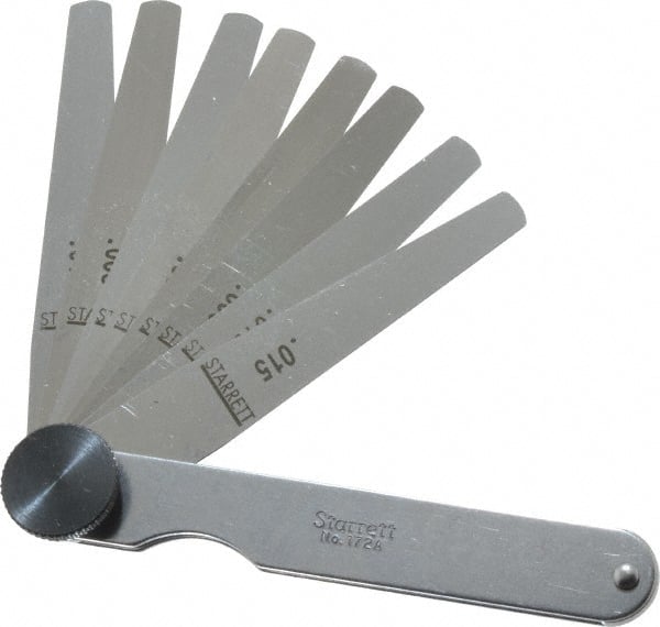 Starrett - 9 Piece, 0.0015 to 0.015" Thick, Tapered Feeler Gage Set - 3-1/32" Leaf Length, 1/4 to 1/2" (Tapered) Wide, Tempered Steel - Exact Tooling