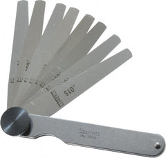 Starrett - 9 Piece, 0.0015 to 0.015" Thick, Tapered Feeler Gage Set - 3-1/32" Leaf Length, 1/4 to 1/2" (Tapered) Wide, Tempered Steel - Exact Tooling