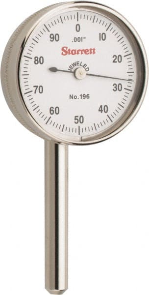 Starrett - 0.2 Inch Range, 0.001 Inch Dial Graduation, Horizontal Dial Test Indicator - 1-7/16 Inch White Dial, 0-100 Dial Reading - Exact Tooling