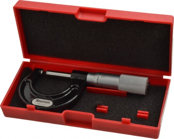 Starrett - Mechanical, 0 to 1 Inch Measurement, Satin Chrome Finish Carbide Face Ball Anvil Micrometer - 0.001 Inch Graduation, Plain Thimble - Exact Tooling