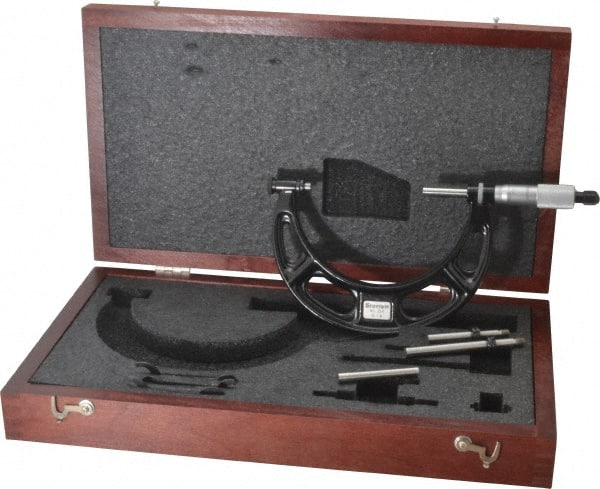 Starrett - 0 to 4" Range, 3 Piece Mechanical Outside Micrometer Set - 0.001" Graduation, Ratchet Stop Thimble, Steel Face - Exact Tooling