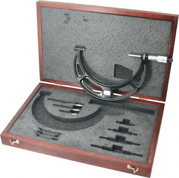 Starrett - 2 to 6" Range, 4 Piece Mechanical Outside Micrometer Set - 0.001" Graduation, Ratchet Stop Thimble, Steel Face - Exact Tooling