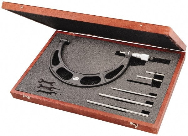 Starrett - 6 to 12" Range, 6 Piece Mechanical Outside Micrometer Set - 0.001" Graduation, Ratchet Stop Thimble, Steel Face - Exact Tooling