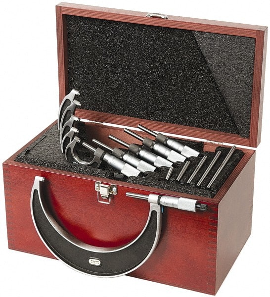 Starrett - 0 to 6" Range, 6 Piece Mechanical Outside Micrometer Set - 0.0001" Graduation, Ratchet Stop Thimble, Carbide Tipped Face - Exact Tooling