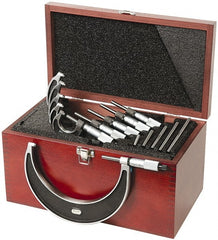 Starrett - 0 to 6" Range, 6 Piece Mechanical Outside Micrometer Set - 0.0001" Graduation, Ratchet Stop Thimble, Carbide Tipped Face - Exact Tooling