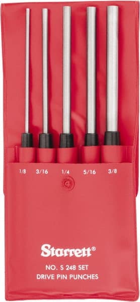 Starrett - 5 Piece, 1/8 to 3/8", Pin Punch Set - Round Shank, Comes in Vinyl Pouch - Exact Tooling