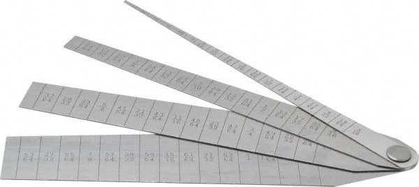 Starrett - 1/16 to 1-1/16 Inch Measurement, 4 Leaf Taper Gage - 5-1/4 Inch Long x 1 Inch Wide, Spring Tempered Steel, 1/64 Inch Graduation - Exact Tooling