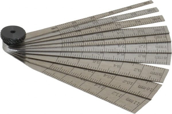 Starrett - 2 to 12mm Measurement, 10 Leaf Taper Gage - 64mm Long, Tempered Steel, 0.02mm Graduation - Exact Tooling