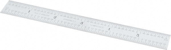 Starrett - 6" Long, 1/64, 1/32, 1/16, 1/8" Graduation, Flexible Steel Rule - 4R Graduation Style, 3/4" Wide, Silver, Satin Chrome Finish - Exact Tooling