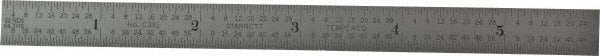 Starrett - 5-3/4" Long, 1/64, 1/32" and 0.5, 1mm Graduation, Flexible Steel Rule - English/Metric Graduation Style, 1/2" Wide, Silver, Satin Chrome Finish - Exact Tooling