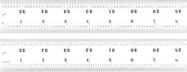 Starrett - 36" Long, 1/100, 1/64, 1/50, 1/32" Graduation, Rigid Spring Steel Rule - 16R Graduation Style, 1-1/2" Wide, Silver, Satin Chrome Finish - Exact Tooling