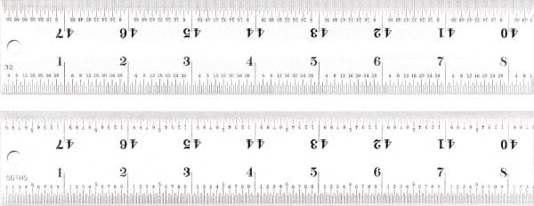 Starrett - 48" Long, 1/100, 1/64, 1/50, 1/32" Graduation, Rigid Spring Steel Rule - 16R Graduation Style, 1-1/2" Wide, Silver, Satin Chrome Finish - Exact Tooling