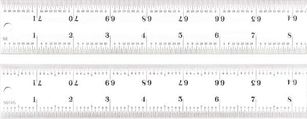 Starrett - 72" Long, 1/100, 1/64, 1/50, 1/32" Graduation, Rigid Spring Steel Rule - 16R Graduation Style, 1-1/2" Wide, Silver, Satin Chrome Finish - Exact Tooling