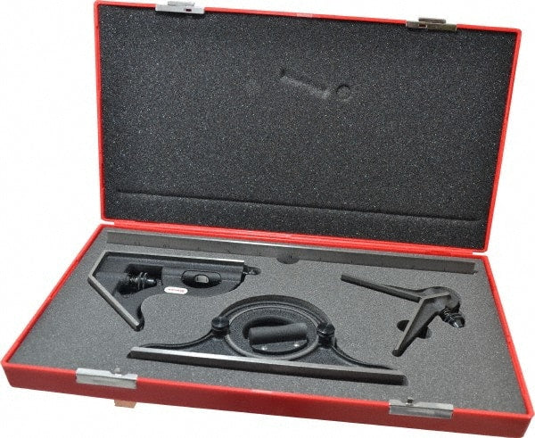 Starrett - 4 Piece, 12" Combination Square Set - 1/100, 1/32, 1/50 & 1/64" (16R) Graduation, Steel Blade, Cast Iron Center, Protractor & Square Head - Exact Tooling