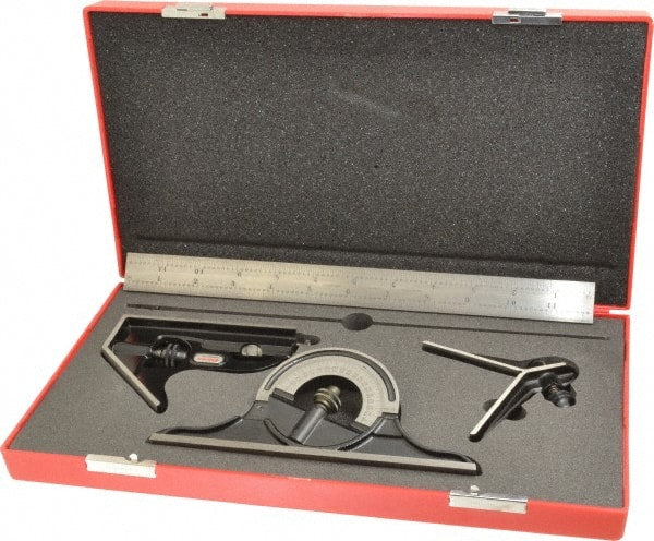 Starrett - 4 Piece, 12" Combination Square Set - 1/16, 1/32, 1/64 & 1/8" (4R) Graduation, Steel Blade, Forged Steel Center, Protractor & Square Head - Exact Tooling