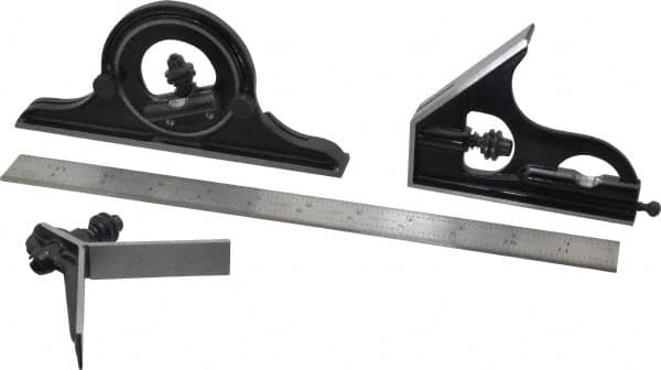 Starrett - 4 Piece, 12" Combination Square Set - 1/100, 1/32, 1/50 & 1/64" (16R) Graduation, Steel Blade, Forged Steel Center, Protractor & Square Head - Exact Tooling