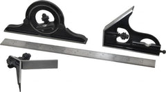 Starrett - 4 Piece, 12" Combination Square Set - 1/100, 1/32, 1/50 & 1/64" (16R) Graduation, Steel Blade, Forged Steel Center, Protractor & Square Head - Exact Tooling