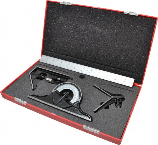 Starrett - 4 Piece, 12" Combination Square Set - 1/100, 1/32, 1/50 & 1/64" (16R) Graduation, Steel Blade, Forged Steel Center, Protractor & Square Head - Exact Tooling