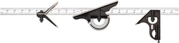 Starrett - 4 Piece, 24" Combination Square Set - 1/100, 1/32, 1/50 & 1/64" (16R) Graduation, Hardened Steel Blade, Cast Iron & Forged Steel Center, Protractor & Square Head - Exact Tooling