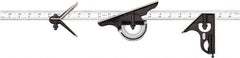 Starrett - 4 Piece, 24" Combination Square Set - 1/100, 1/32, 1/50 & 1/64" (16R) Graduation, Hardened Steel Blade, Cast Iron & Forged Steel Center, Protractor & Square Head - Exact Tooling