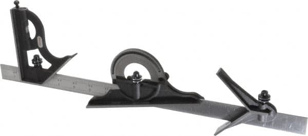 Starrett - 4 Piece, 18" Combination Square Set - 1/16, 1/32, 1/64 & 1/8" (4R) Graduation, Steel Blade, Cast Iron Center, Protractor & Square Head - Exact Tooling