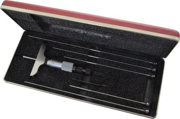 Starrett - 0 to 6" Range, 6 Rod, Mechanical Depth Micrometer - Ratchet Stop Thimble, 2-1/2" Base Length, 0.01mm Graduation, 1/8" Rod Diam - Exact Tooling