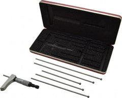 Starrett - 0 to 6" Range, 6 Rod, Satin Chrome Finish Mechanical Depth Micrometer - Ratchet Stop Thimble, 2" Base Length, 0.01mm Graduation, 5/32" Rod Diam - Exact Tooling