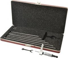 Starrett - 0 to 9" Range, 9 Rod, Satin Chrome Finish Mechanical Depth Micrometer - Ratchet Stop Thimble, 2" Base Length, 0.01mm Graduation, 5/32" Rod Diam - Exact Tooling