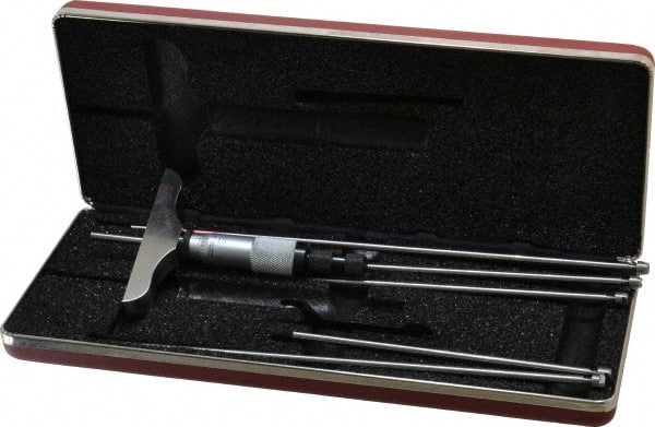 Starrett - 0 to 6" Range, 6 Rod, Satin Chrome Finish Mechanical Depth Micrometer - Ratchet Stop Thimble, 3" Base Length, 0.01mm Graduation, 5/32" Rod Diam - Exact Tooling