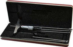 Starrett - 0 to 6" Range, 6 Rod, Satin Chrome Finish Mechanical Depth Micrometer - Ratchet Stop Thimble, 3" Base Length, 0.01mm Graduation, 5/32" Rod Diam - Exact Tooling