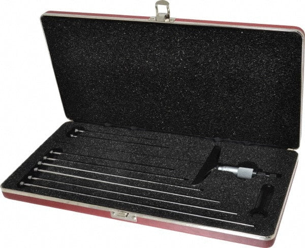 Starrett - 0 to 9" Range, 9 Rod, Satin Chrome Finish Mechanical Depth Micrometer - Ratchet Stop Thimble, 4" Base Length, 0.01mm Graduation, 5/32" Rod Diam - Exact Tooling