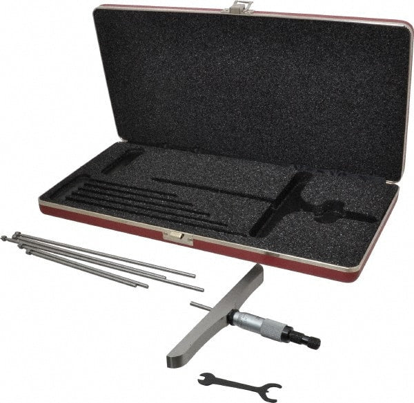 Starrett - 0 to 6" Range, 6 Rod, Satin Chrome Finish Mechanical Depth Micrometer - Ratchet Stop Thimble, 6" Base Length, 0.01mm Graduation, 5/32" Rod Diam - Exact Tooling