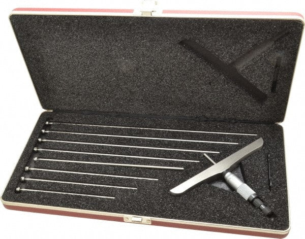 Starrett - 0 to 9" Range, 9 Rod, Satin Chrome Finish Mechanical Depth Micrometer - Ratchet Stop Thimble, 6" Base Length, 0.01mm Graduation, 5/32" Rod Diam - Exact Tooling