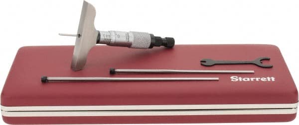 Starrett - 0 to 3" Range, 3 Rod, Mechanical Depth Micrometer - Ratchet Stop Thimble, 2-1/2" Base Length, 0.01mm Graduation, 1/8" Rod Diam - Exact Tooling
