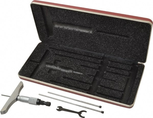 Starrett - 0 to 3" Range, 3 Rod, Mechanical Depth Micrometer - Ratchet Stop Thimble, 4" Base Length, 0.01mm Graduation, 1/8" Rod Diam - Exact Tooling