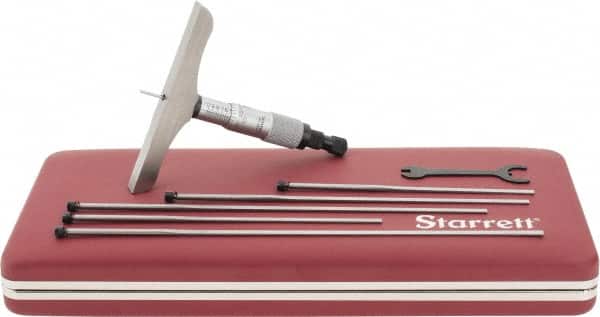 Starrett - 0 to 6" Range, 6 Rod, Mechanical Depth Micrometer - Ratchet Stop Thimble, 4" Base Length, 0.01mm Graduation, 1/8" Rod Diam - Exact Tooling