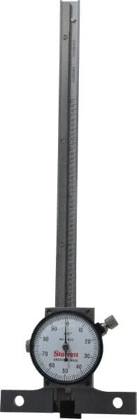 Starrett - 0 to 6 Inch Range, Stainless Steel, White Dial Depth Gage - 0.001 Inch Graduation, 0.001 Inch Accuracy, 2-3/4 Inch Base Measuring Length - Exact Tooling