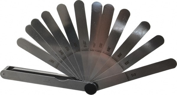 Starrett - 13 Piece, 0.0015 to 0.2" Thick, Parallel Feeler Gage Set - 4-1/2" Leaf Length, 1/2" Wide, Tempered Steel - Exact Tooling
