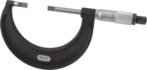 Starrett - 1" to 2" Mechanical Satin Chrome Coated Blade Micrometer - 0.001" Graduation, 1/32" Blade Thickness, Speeder Thimble - Exact Tooling