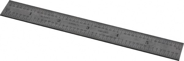 Starrett - 6" Long, 1/64, 1/32, 1/16, 1/8" Graduation, Rigid Spring Steel Rule - 4R Graduation Style, 3/4" Wide, Silver - Exact Tooling