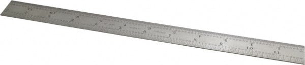 Starrett - 12" Long, 1/64, 1/32, 1/16, 1/8" Graduation, Rigid Spring Steel Rule - 4R Graduation Style, 1" Wide, Silver - Exact Tooling