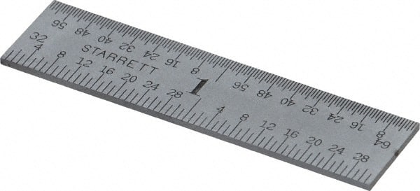 Starrett - 2" Long, 1/64, 1/32, 1/16, 1/8" Graduation, Rigid Spring Steel Rule - 4R Graduation Style, 1/2" Wide, Silver, Satin Chrome Finish - Exact Tooling