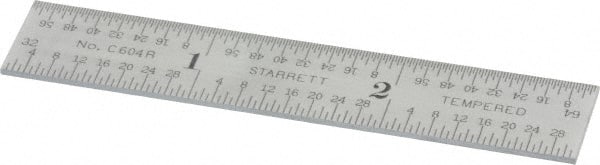Starrett - 3" Long, 1/64, 1/32, 1/16, 1/8" Graduation, Rigid Spring Steel Rule - 4R Graduation Style, 9/16" Wide, Silver, Satin Chrome Finish - Exact Tooling